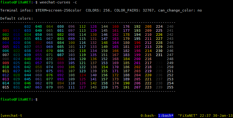 Screenshot of the `weechat -c` command to check for 256 colours support